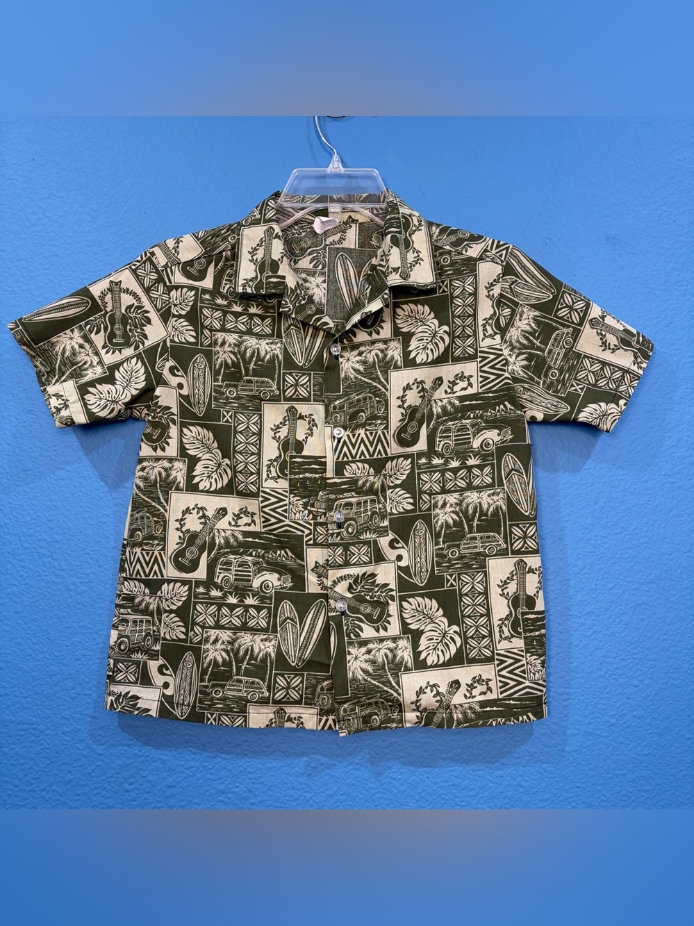 Vtg Hawaii Green Retro Hawaiian Boy's Button Up Shirt Ukulele Surfboard Size 12